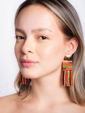 NWT Seed Bead Handwoven Striped Knit Fringe Earrings (Sweet Escape)